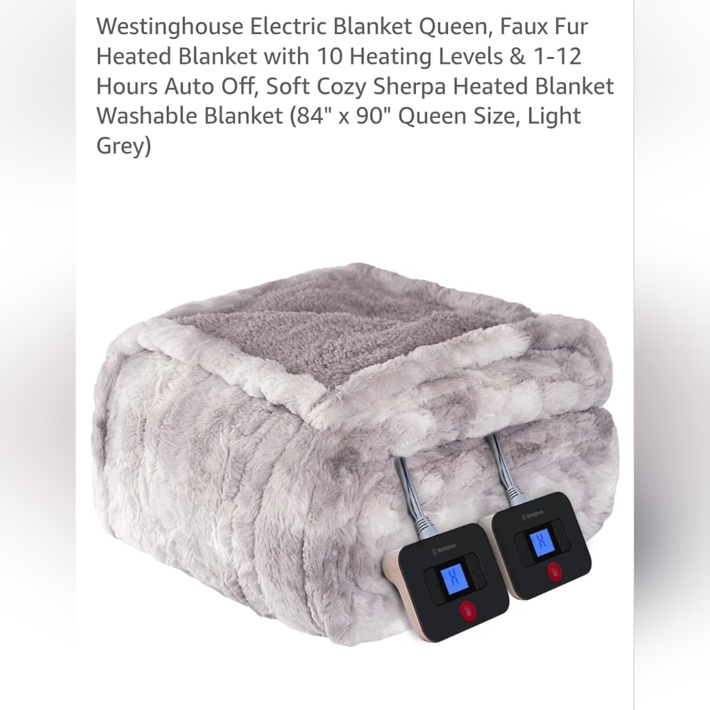 Brand New in Box Faux Fur Reversible Sherpa Heated Blanket Grey